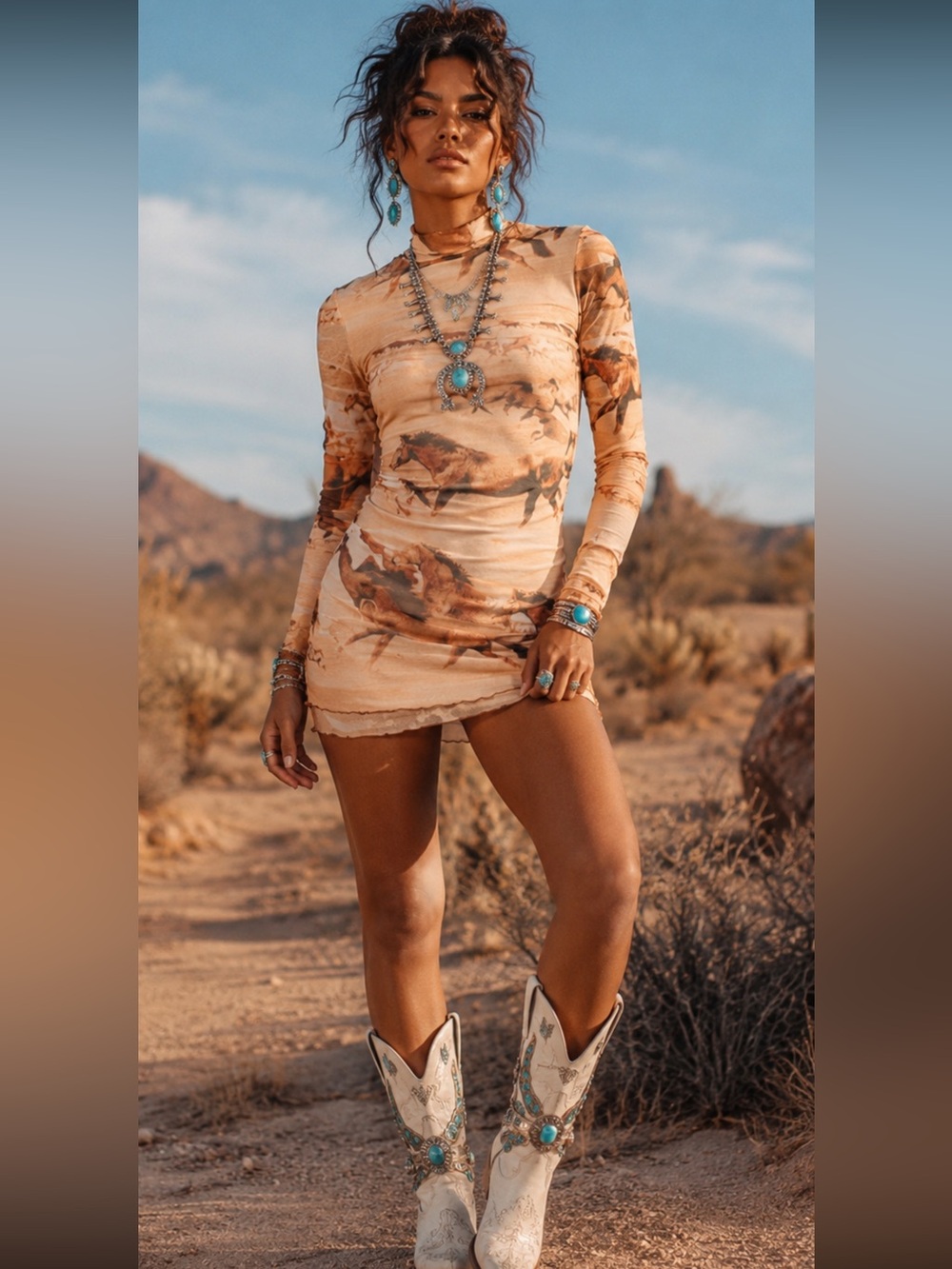Urban Outfitters Beige Desert-Print Long Sleeve Mini Dress